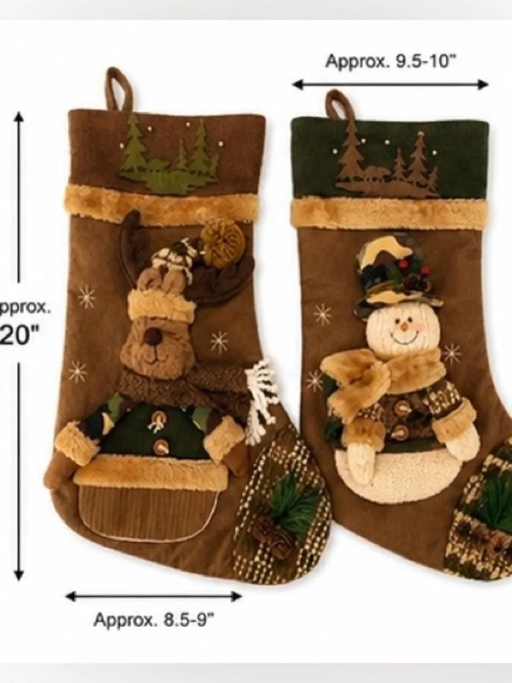 Handmade Rustic Artisan Christmas Stocking Set 2 Woodland Moose & Snowman Luxury